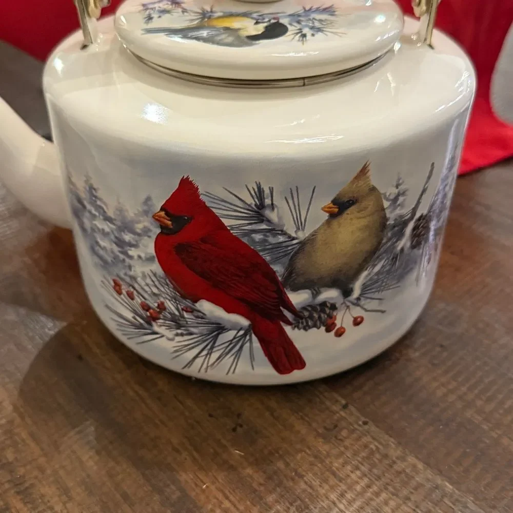 Vintage Lenox winter greetings, enamelware tea pot with a cardinal and chickadee